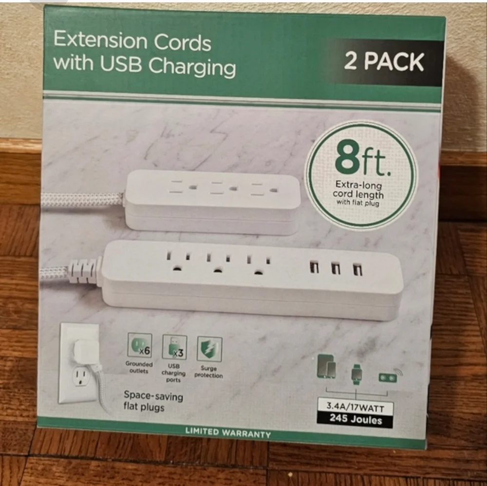 Jasco 2 Pack Extension Cords with USB Charging 8 Ft Extra Long 6 Outlets 3 USB